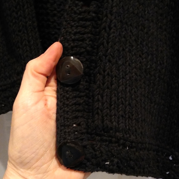Black Sweater Hand Made knit loop fringe button-down cardigan, L - Picture 4 of 10